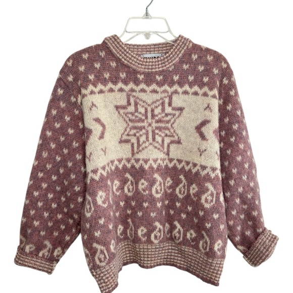 VTG Tundra Womens Ski Sweater 100% Virgin Wool Large Oversized Pink Cream Nordic - Picture 1 of 9